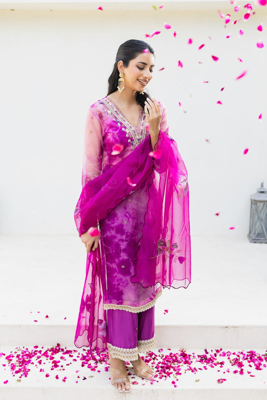 Subhraya Fuchsia Organza Tie-Dye Suit