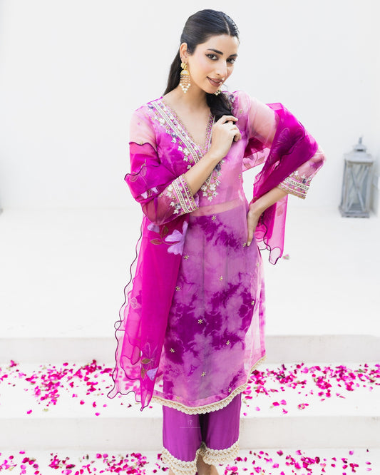 Subhraya Fuchsia Organza Tie-Dye Suit