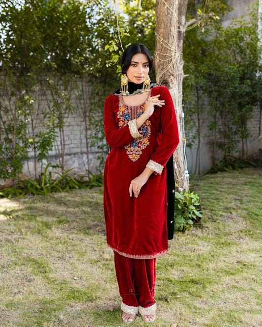 Subhraya Maroon Velvet Embroidered Suit
