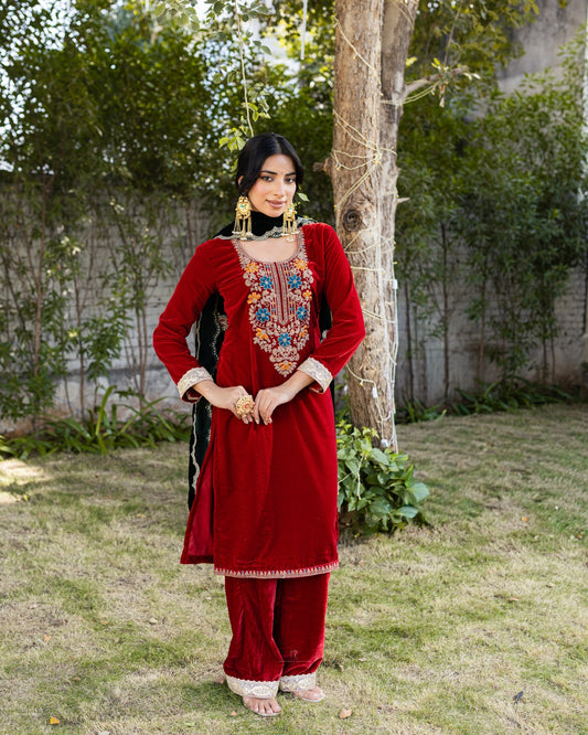 Subhraya Maroon Velvet Embroidered Suit