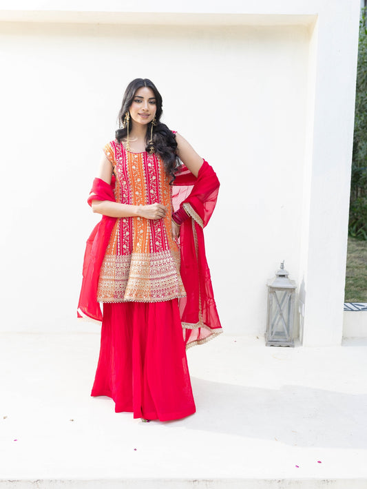 Subhraya Crimson Peplum Sharara Set