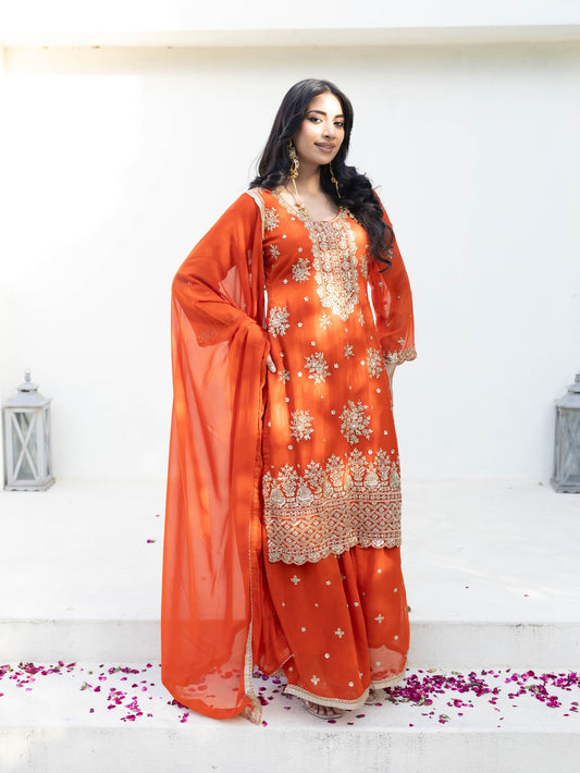 Subhraya Marigold Orange Embroidered Sharara