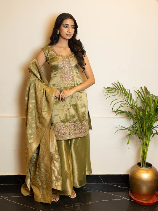 Subhraya Olive Silk Embroidered Suit