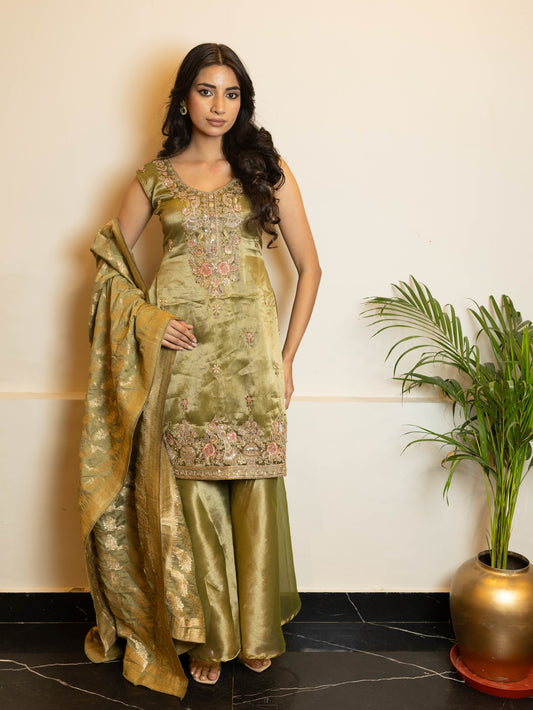 Subhraya Olive Silk Embroidered Suit