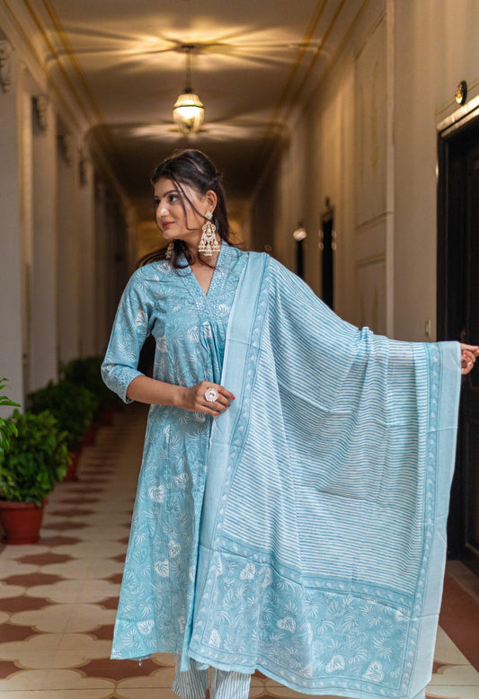 Subhraya Blue Pure Cotton Anarkali Kurta