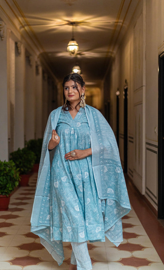 Subhraya Blue Pure Cotton Anarkali Kurta
