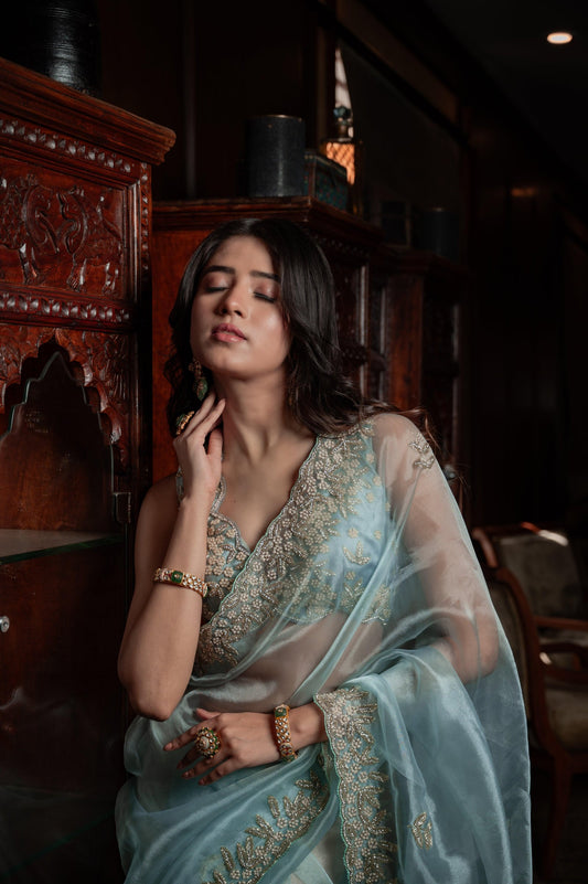 Subhraya Pale Sky Tissue Silk Saree