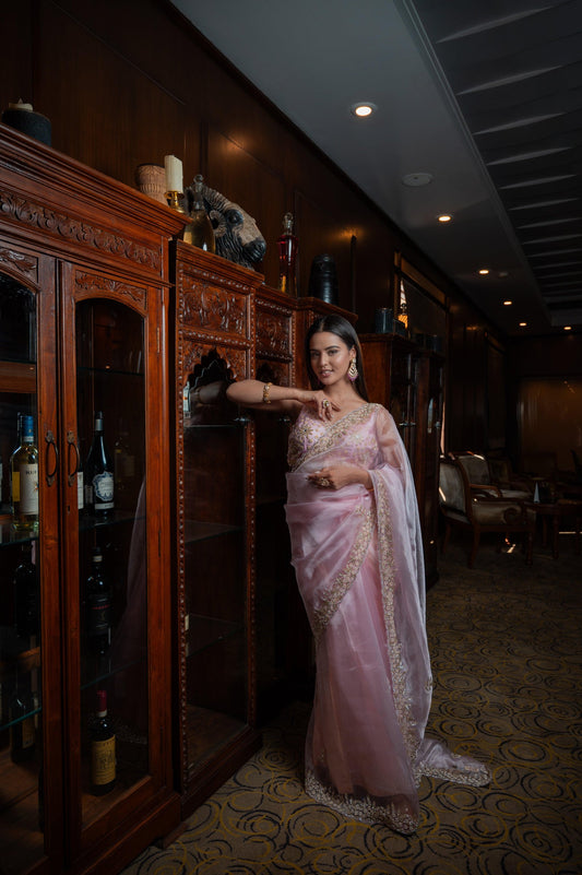 Subhraya Rose Shadow Tissue Silk Saree