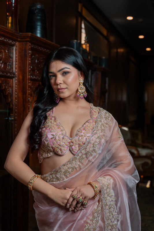 Subhraya Pale Pink Tissue Silk Saree