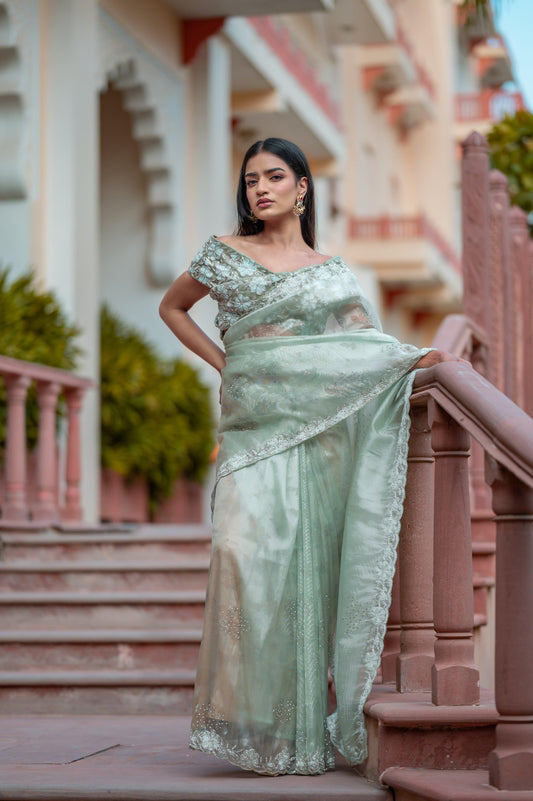 Subhraya Honeydew Tissue Silk Saree