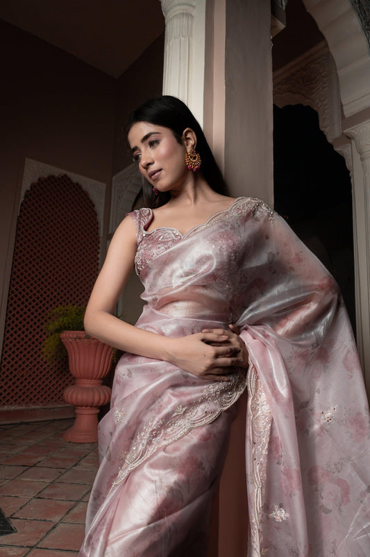 Subhraya Bunny Pink Tissue Silk Saree