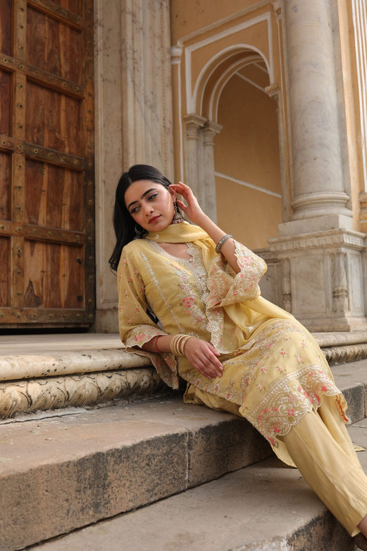 Subhraya Yellow Floral Thread Work Straight Kurta