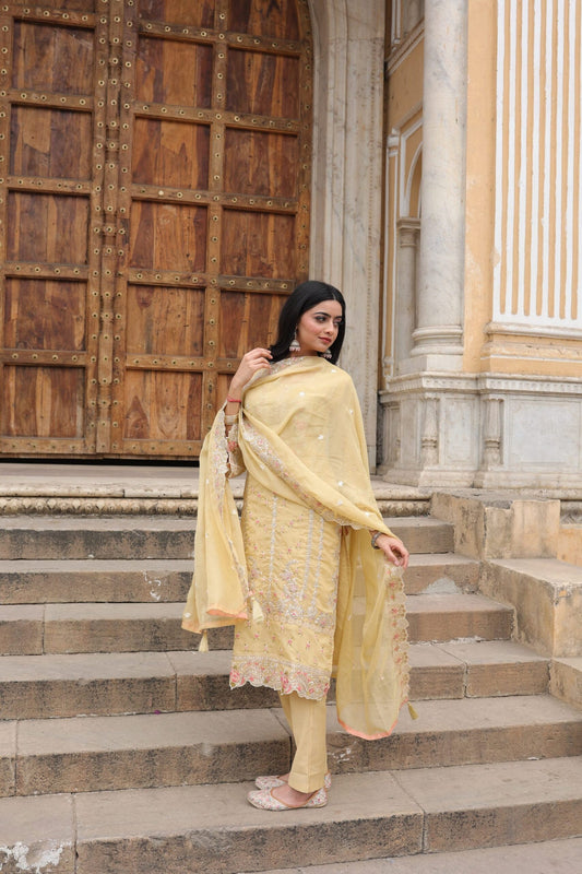 Subhraya Yellow Floral Thread Work Straight Kurta