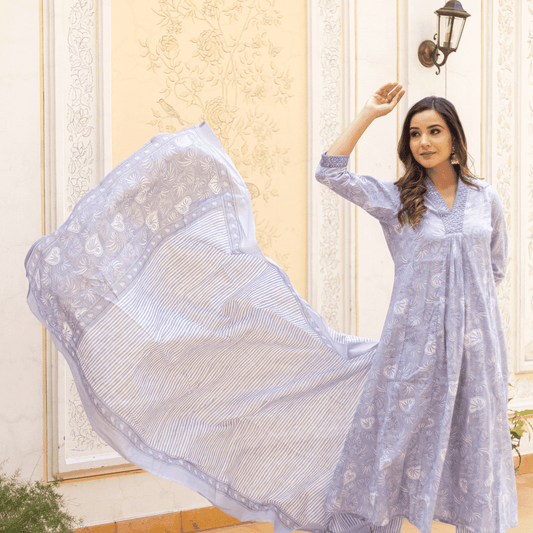 Subhraya Ocean Blue Pure Cotton Anarkali Kurta