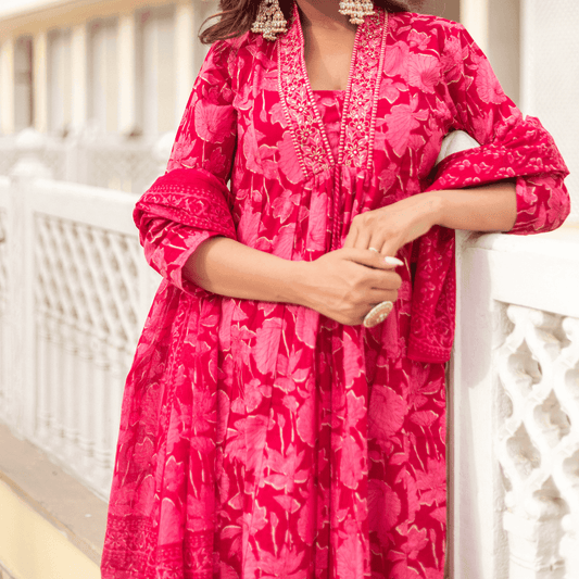Subhraya Pure Cotton Fuchsia Anarkali Kurta