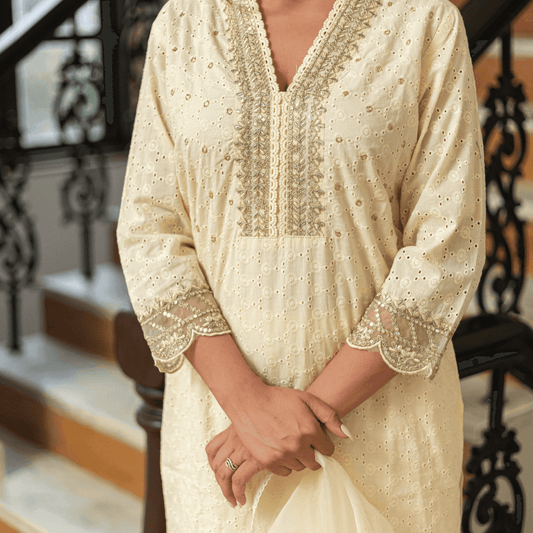 Subhraya Lemon Yellow cotton A-line kurta