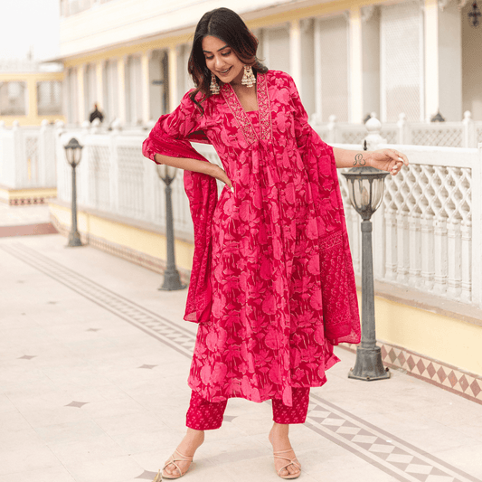 Subhraya Pure Cotton Fuchsia Anarkali Kurta