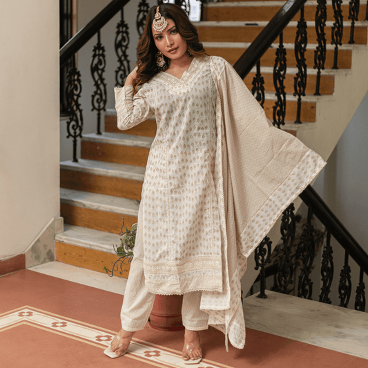 Subhraya Pure Cotton Ivory A-Line Kurta