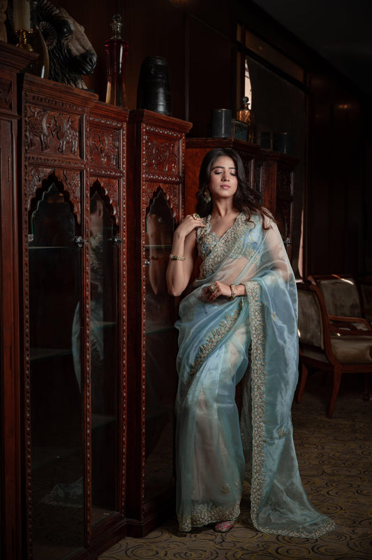 Subhraya Pale Sky Tissue Silk Saree