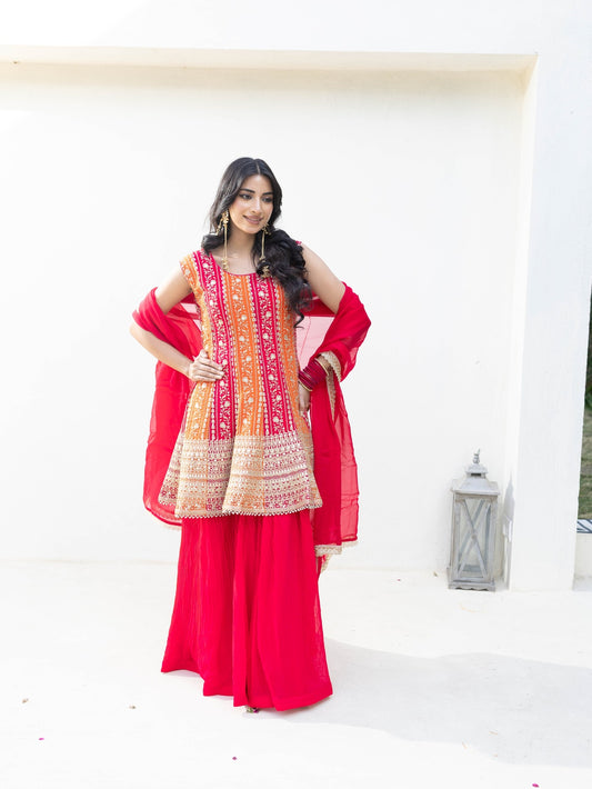 Subhraya Crimson Peplum Sharara Set