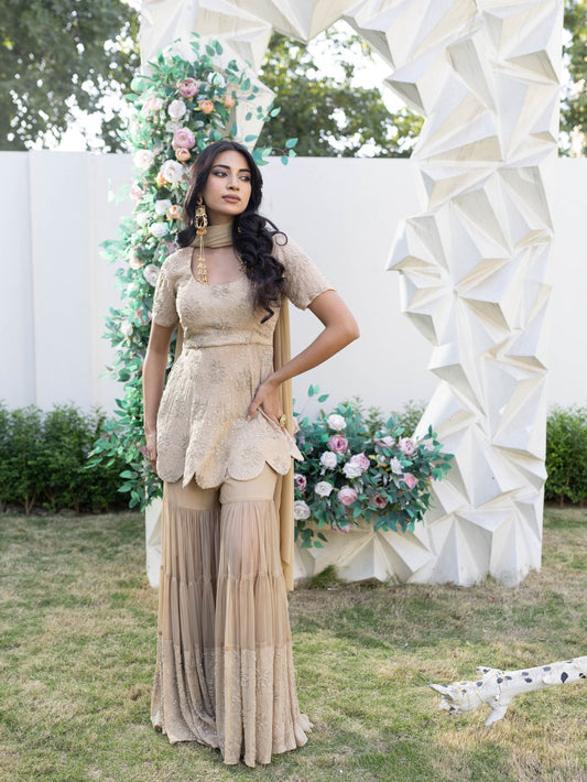 Subhraya Crimson Peplum Sharara Set