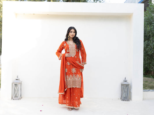 Subhraya Marigold Orange Embroidered Sharara