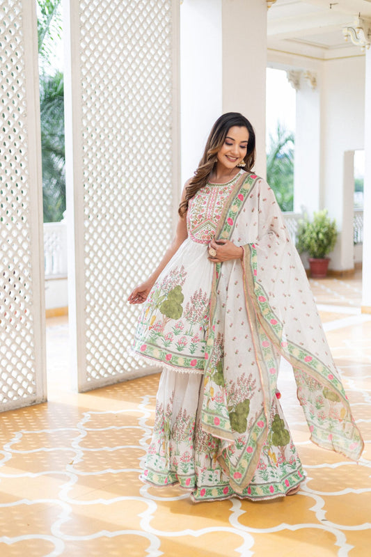 Subhraya pure cotton bone white Anarkali Sharara