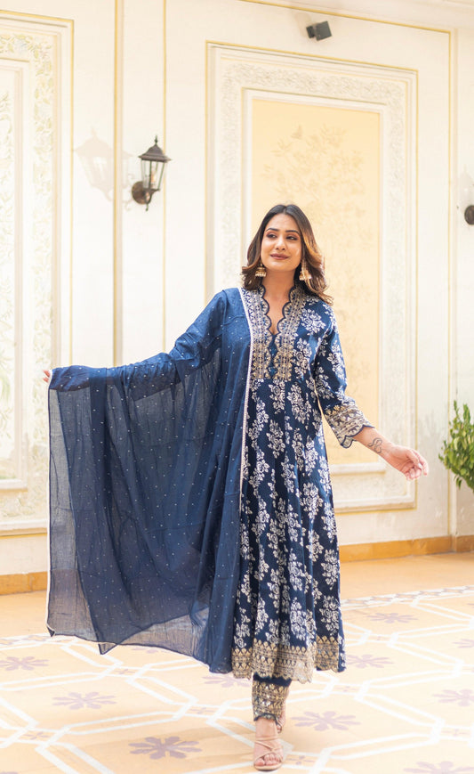 Subhraya Pure Cotton Blue Anarkali Kurta
