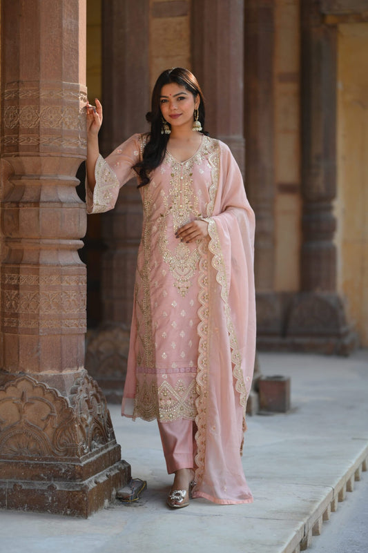 Subhraya Pink Floral Thread Work Straight Kurta