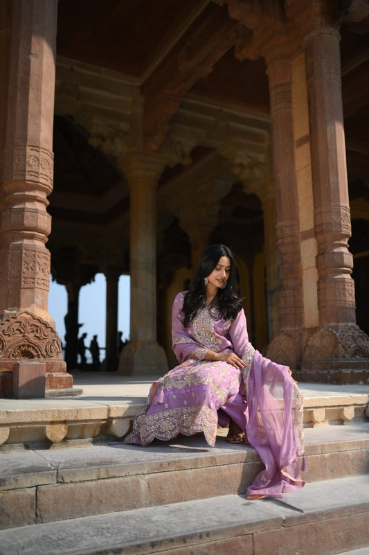 Subhraya Purple Floral Thread Work Straight Kurta