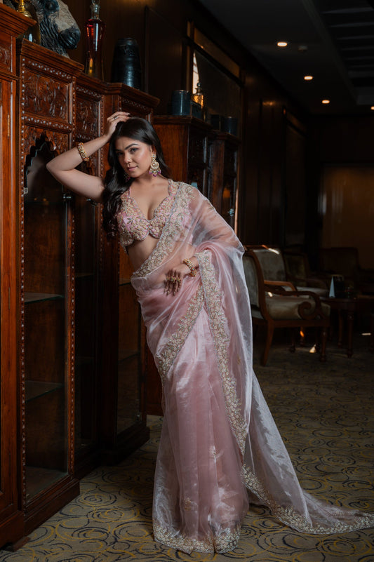 Subhraya Pale Pink Tissue Silk Saree
