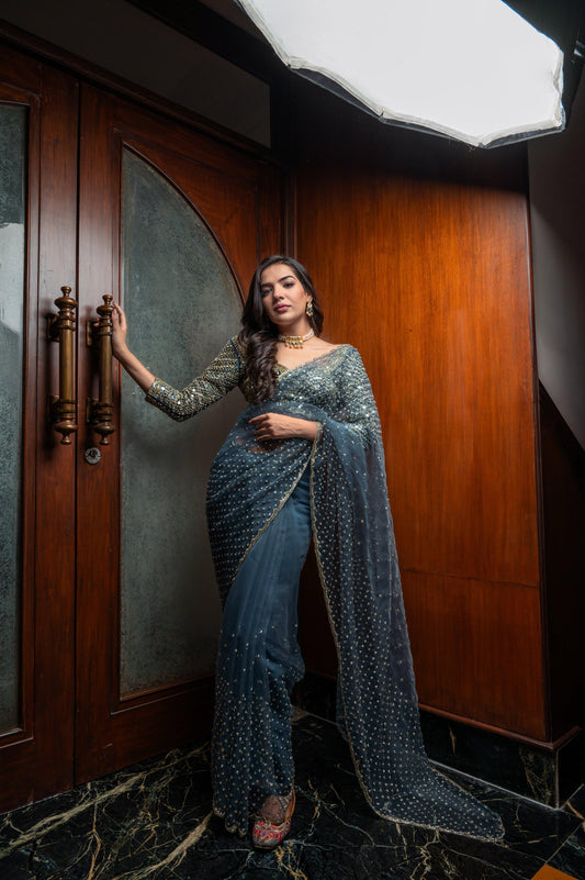 Subhraya Oxford Blue Chanderi Silk Saree