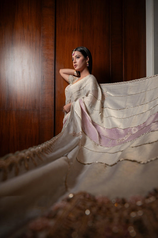 Subhraya Pearled Ivory Tissue Silk Saree