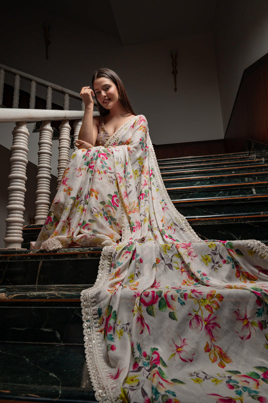 Subhraya Bone White Chiffon Saree Floral Print