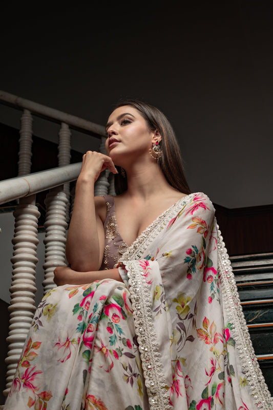 Subhraya Bone White Chiffon Saree Floral Print