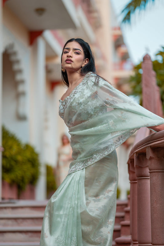 Subhraya Honeydew Tissue Silk Saree