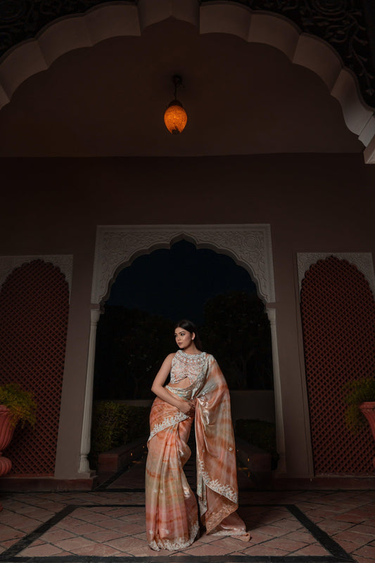 Subhraya Peach Pink Tissue Silk Saree